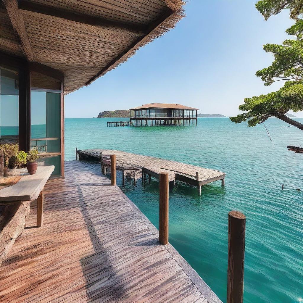 A scenic waterfront home built on stilts, situated directly above the gentle waves of a serene azure sea