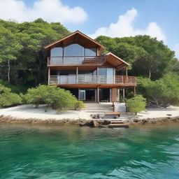 A scenic waterfront home built on stilts, situated directly above the gentle waves of a serene azure sea