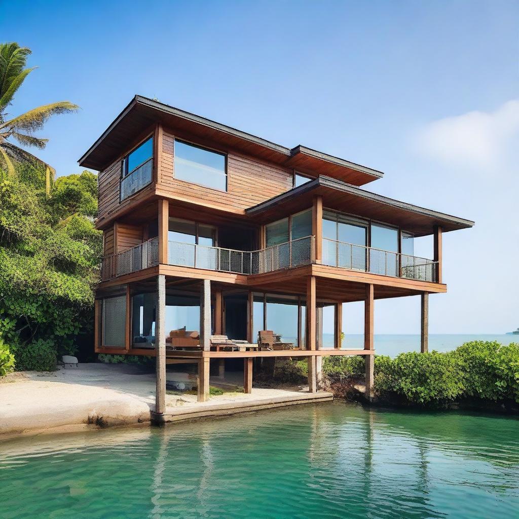 A scenic waterfront home built on stilts, situated directly above the gentle waves of a serene azure sea