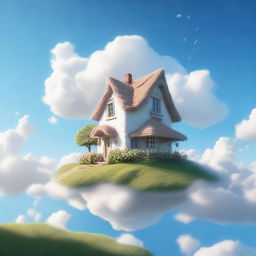 An ethereal scene of a dreamlike cottage perched on a fluffy cloud, high above the earth under a clear blue sky