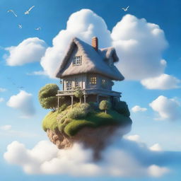 An ethereal scene of a dreamlike cottage perched on a fluffy cloud, high above the earth under a clear blue sky