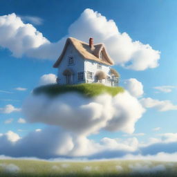 An ethereal scene of a dreamlike cottage perched on a fluffy cloud, high above the earth under a clear blue sky