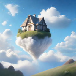 An ethereal scene of a dreamlike cottage perched on a fluffy cloud, high above the earth under a clear blue sky