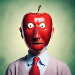 A quirky portrait of a man, but instead of a human head, he has a perfect, glossy red apple