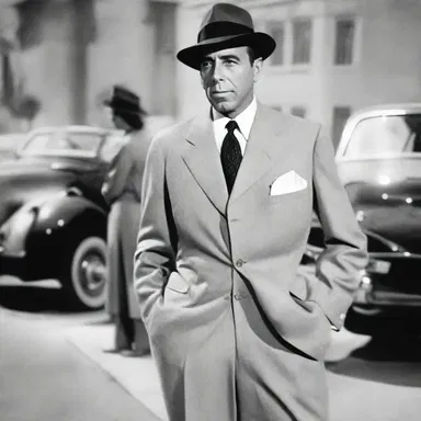 In the classic film 'Casablanca', Humphrey Bogart's character is famously seen wearing tailored trousers throughout the movie.