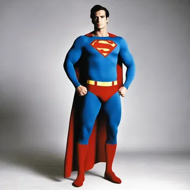Superman's iconic outfit includes a form-fitting trousers that are part of his superhero costume.