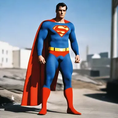 Superman's iconic outfit includes a form-fitting trousers that are part of his superhero costume.