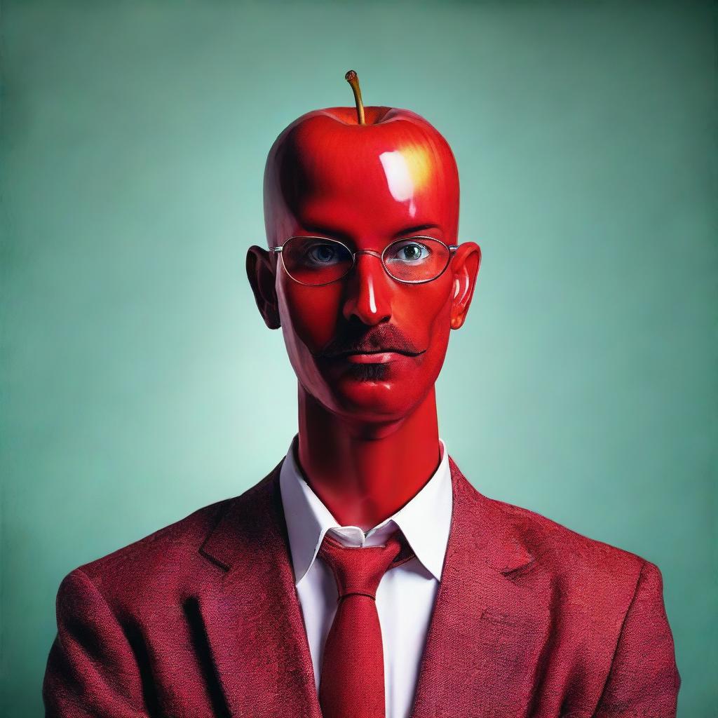 A quirky portrait of a man, but instead of a human head, he has a perfect, glossy red apple