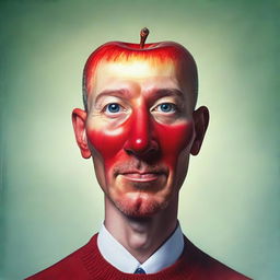 A quirky portrait of a man, but instead of a human head, he has a perfect, glossy red apple