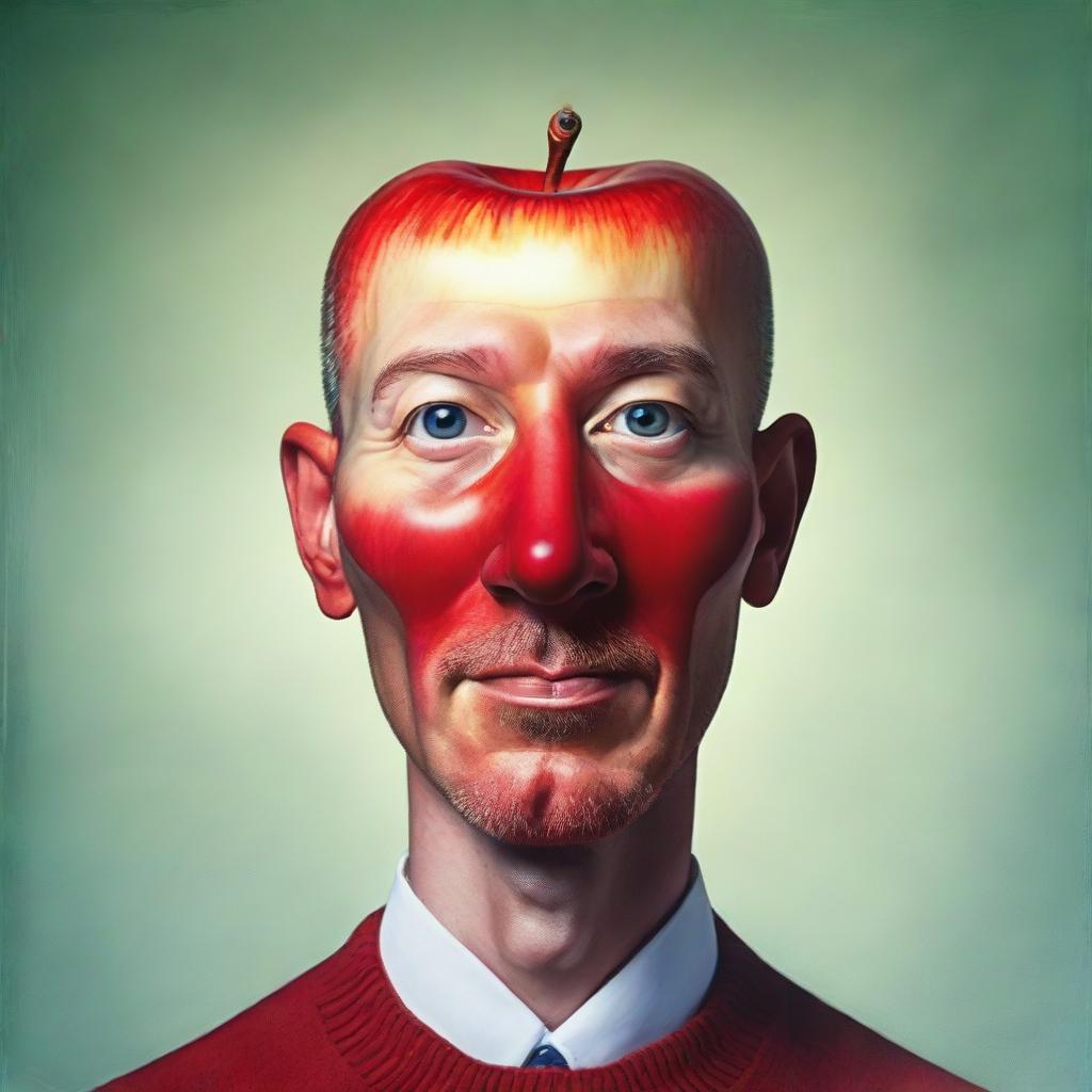 A quirky portrait of a man, but instead of a human head, he has a perfect, glossy red apple