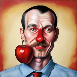 A quirky portrait of a man, but instead of a human head, he has a perfect, glossy red apple