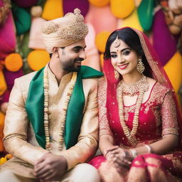 A male and female best friends, dressed in traditional Indian wedding attire, posing together amidst a colorful and vibrant Indian wedding ceremony.