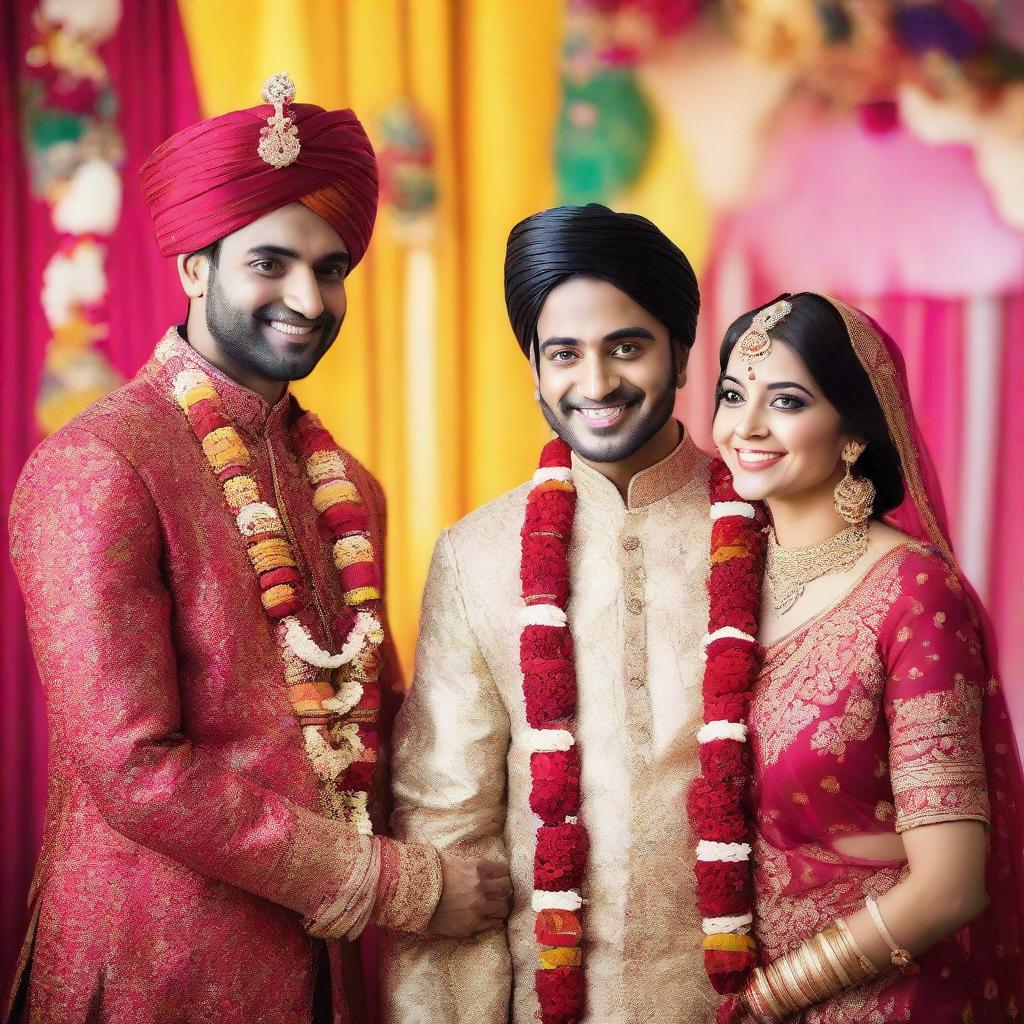 A male and female best friends, dressed in traditional Indian wedding attire, posing together amidst a colorful and vibrant Indian wedding ceremony.