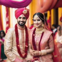 A male and female best friends, dressed in traditional Indian wedding attire, posing together amidst a colorful and vibrant Indian wedding ceremony.