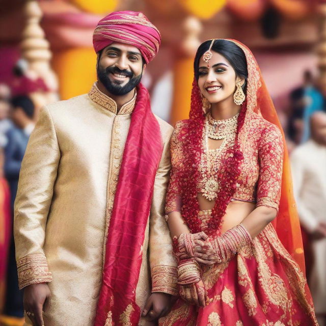 A male and female best friends, dressed in traditional Indian wedding attire, posing together amidst a colorful and vibrant Indian wedding ceremony.