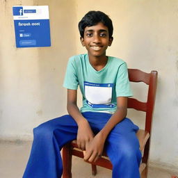 A 13-year-old boy sitting on a chair, wearing blue pant clothing in front of an open Facebook page with the profile name 'sqib'.