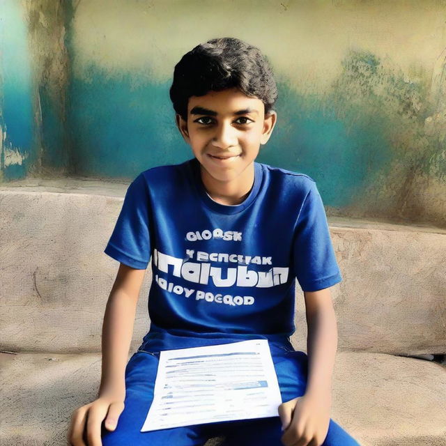 A 13-year-old boy sitting on a chair, wearing blue pant clothing in front of an open Facebook page with the profile name 'sqib'.