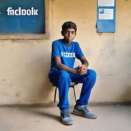 A 13-year-old boy sitting on a chair, wearing blue pant clothing in front of an open Facebook page with the profile name 'sqib'.