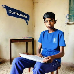 A 13-year-old boy sitting on a chair, wearing blue pant clothing in front of an open Facebook page with the profile name 'sqib'.