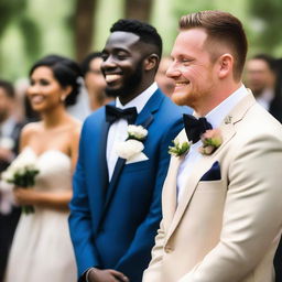 A male best friend with teary eyes, dressed in a formal suit, witnessing his female best friend's wedding, captured amidst the joyous and emotional atmosphere of the ceremony.