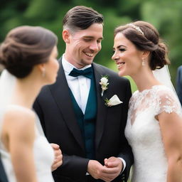 A male best friend with teary eyes, dressed in a formal suit, witnessing his female best friend's wedding, captured amidst the joyous and emotional atmosphere of the ceremony.