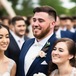 A male best friend with teary eyes, dressed in a formal suit, witnessing his female best friend's wedding, captured amidst the joyous and emotional atmosphere of the ceremony.