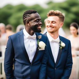 A male best friend with teary eyes, dressed in a formal suit, witnessing his female best friend's wedding, captured amidst the joyous and emotional atmosphere of the ceremony.