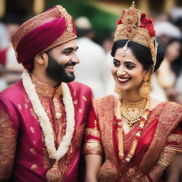 A man and a woman, best friends, dressed in ornate Indian wedding attire, joyfully participating in the festivities