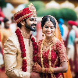 A man and a woman, best friends, dressed in ornate Indian wedding attire, joyfully participating in the festivities