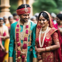 A man and a woman, best friends, dressed in ornate Indian wedding attire, joyfully participating in the festivities