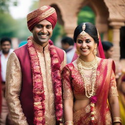 A man and a woman, best friends, dressed in ornate Indian wedding attire, joyfully participating in the festivities