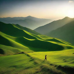 A landscape of treeless hills blanketed in lush green grass, under the vast Himalayan sky. A single boy runs towards the setting sun, casting long shadows across the verdant terrain.