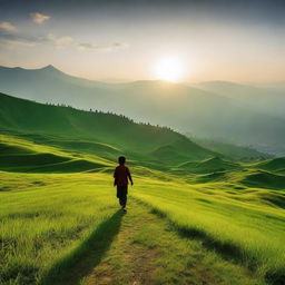 A landscape of treeless hills blanketed in lush green grass, under the vast Himalayan sky. A single boy runs towards the setting sun, casting long shadows across the verdant terrain.