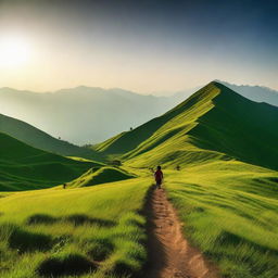 A landscape of treeless hills blanketed in lush green grass, under the vast Himalayan sky. A single boy runs towards the setting sun, casting long shadows across the verdant terrain.