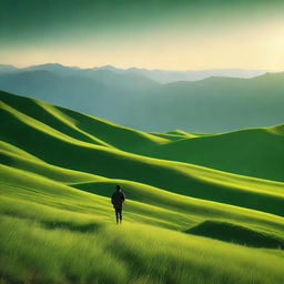 A landscape of treeless hills blanketed in lush green grass, under the vast Himalayan sky. A single boy runs towards the setting sun, casting long shadows across the verdant terrain.