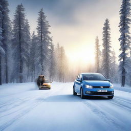 A Volkswagen Polo car on a snowy road, with a majestic wolverine passing by (animal, not the superhero). The scene should take place at dusk, with a hint of the sunset in the background.