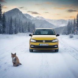 A Volkswagen Polo car on a snowy road, with a majestic wolverine passing by (animal, not the superhero). The scene should take place at dusk, with a hint of the sunset in the background.