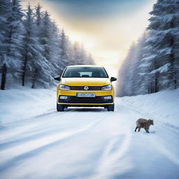 A Volkswagen Polo car on a snowy road, with a majestic wolverine passing by (animal, not the superhero). The scene should take place at dusk, with a hint of the sunset in the background.