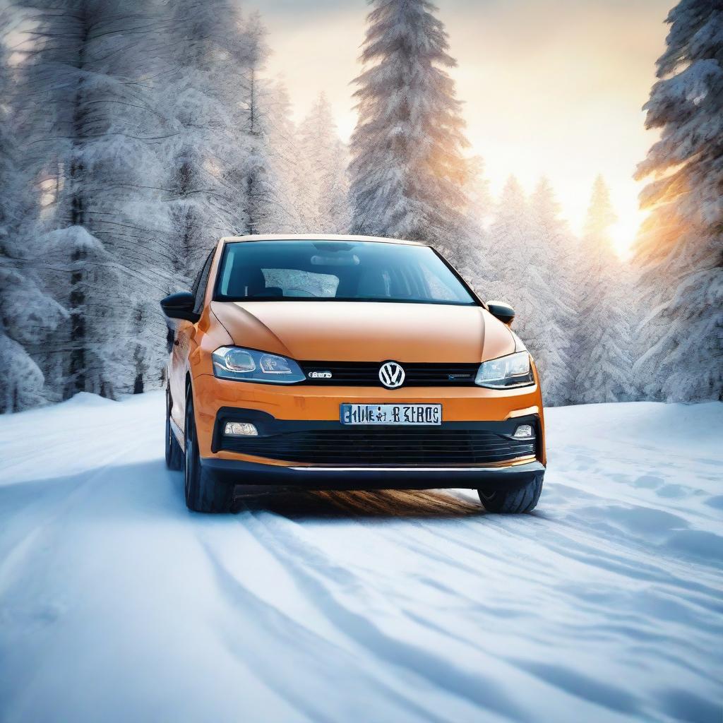 A Volkswagen Polo car on a snowy road, with a majestic wolverine passing by (animal, not the superhero). The scene should take place at dusk, with a hint of the sunset in the background.