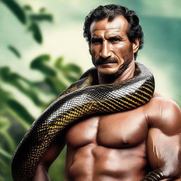 A man looking brave with a large, majestic Anaconda loosely coiled around his neck.