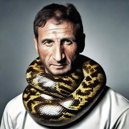 A man looking brave with a large, majestic Anaconda loosely coiled around his neck.