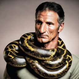 A man looking brave with a large, majestic Anaconda loosely coiled around his neck.