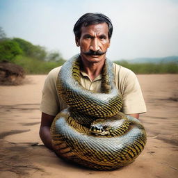 A man looking brave with a large, majestic Anaconda loosely coiled around his neck.