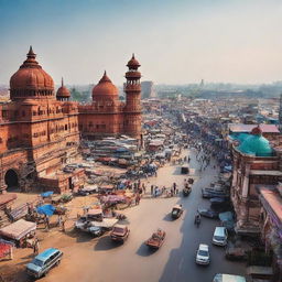 A vibrant cityscape showcasing the city of Kanpur, India, highlighting its landmarks, thriving streets, and rich Indian culture.