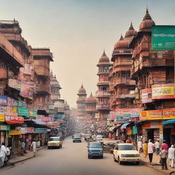 A vibrant cityscape showcasing the city of Kanpur, India, highlighting its landmarks, thriving streets, and rich Indian culture.