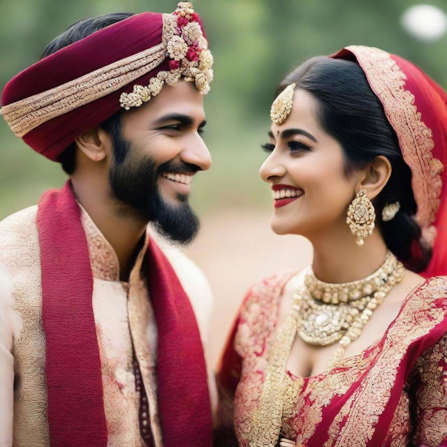 An Indian man and woman, dressed in traditional Indian wedding attire, smiling at each other as best friends.