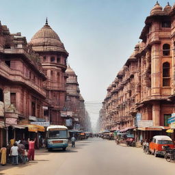 A sprawling panorama of Kanpur, Uttar Pradesh, showing its distinctive architecture, bustling streets, and colorful, vibrant culture.