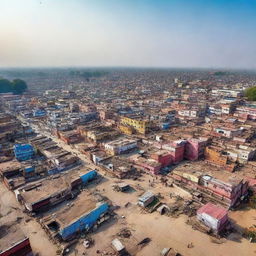 A sprawling panorama of Kanpur, Uttar Pradesh, showing its distinctive architecture, bustling streets, and colorful, vibrant culture.