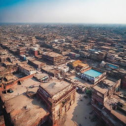 A sprawling panorama of Kanpur, Uttar Pradesh, showing its distinctive architecture, bustling streets, and colorful, vibrant culture.