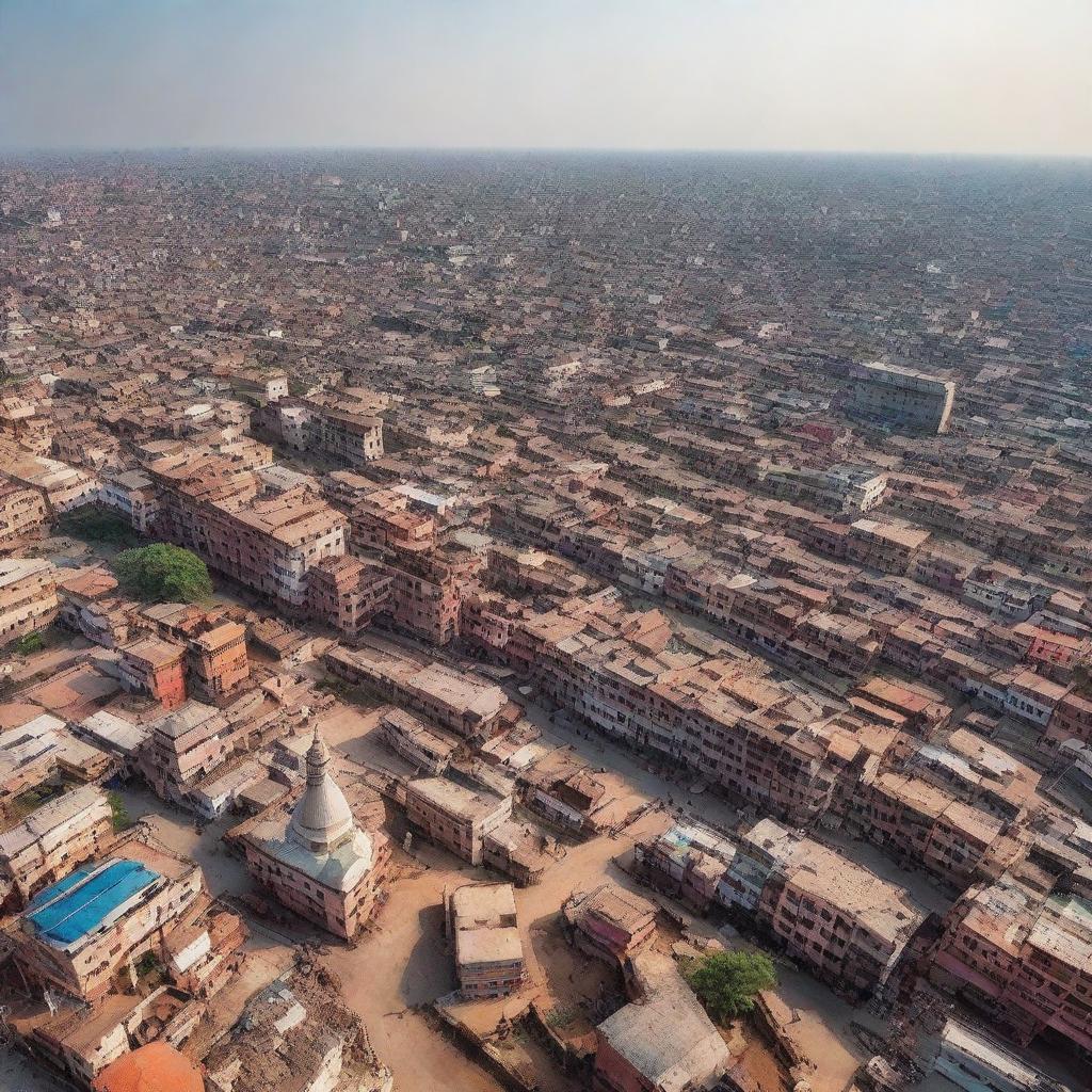 A sprawling panorama of Kanpur, Uttar Pradesh, showing its distinctive architecture, bustling streets, and colorful, vibrant culture.